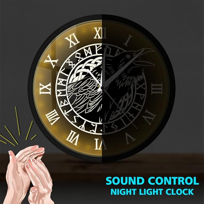 Geek Alerts Voice Control LED Lighting Clock, Cawing Black Crow with Roman Numerals Wall Clock Viking Odin Raven with Scandinavian Runes Silent Sweep Watch