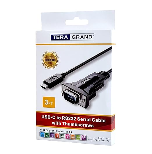 Tera Grand - USB C to RS232 Serial DB9 Adapter Cable with Thumbscrews and FTDI chipset, Supports Windows 11, 10, 8, 7, Vista, XP, 2000, 98, Linux and Mac, 3 Ft