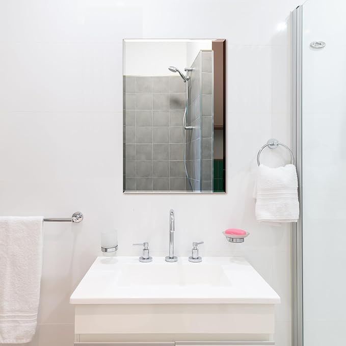 Ruomeng Rectangle Wall Mirror Frameless Bathroom Mirror 16” x 24" Beveled Edge Mirror for Vanity and Entryway