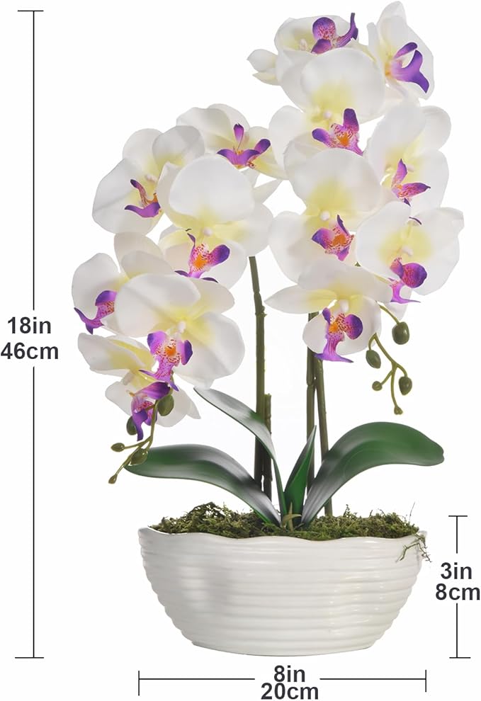 Large Artificial Potted Orchid Plant, Silk Flower Arrangement with Ceramics Vase, White