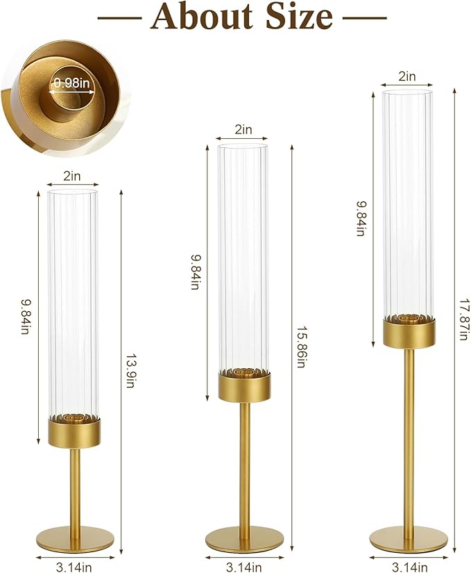 Glass Hurricane Candle Holders Set (6pcs)-Gold Metal Base Taper Candle Stick Holders for Candlesticks Holder Decor, Elegant Dining Table Centerpiece for Wedding, Christmas & Home Decor-Ribbed Glass