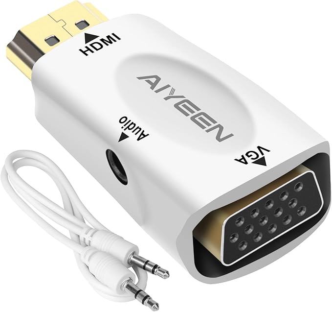 HDMI to VGA Adapter, 1080p HDMI Male to VGA Female Adapter with 3.5mm Audio Jack Cable Compatible with Monitor, Laptop,Computer, Projector, HDTV, Chromebook and More (White)