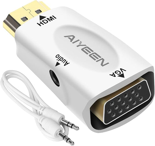 HDMI to VGA Adapter, 1080p HDMI Male to VGA Female Adapter with 3.5mm Audio Jack Cable Compatible with Monitor, Laptop,Computer, Projector, HDTV, Chromebook and More (White)