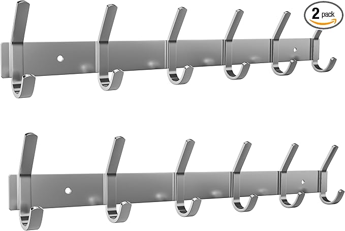Coat Rack Wall Mount – Brushed Nickel 17 Inch Stainless Steel Hook Rail with 6 Heavy Duty Double Coat Hooks – Wall Mounted Coat Hanger for Entryway, Bathroom, Bedroom, Towel, Hat Organizer - 2 Pack