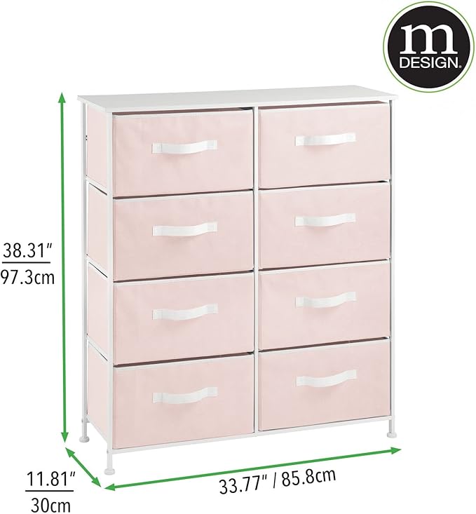 mDesign 38.31" High Steel Frame/Wood Top Storage Dresser Furniture, 8 Fabric Drawers, Large Bureau Organizer for Baby, Kid, Teen Bedroom, Nursery, Playroom, Dorm, Jane Collection, Pink/White