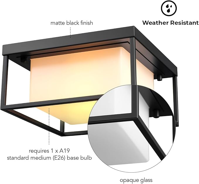 GLOBE Electric 60000164 1-Light Outdoor Flush Mount, Matte Black, Frosted Glass