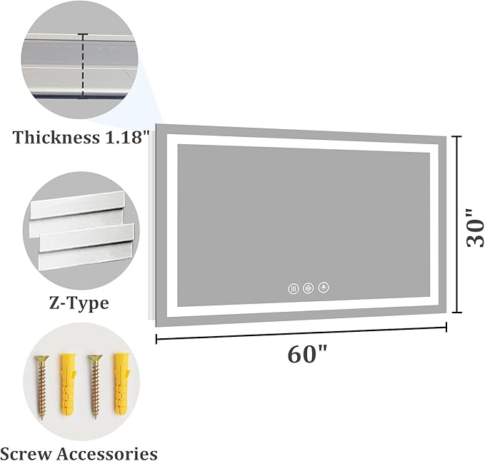 Koonmi 30x60 LED Bathroom Mirror, Backlit + Front Lit, LED Bathroom Mirror with Lights for Wall, 3 Colors, Anti-Fog, Dimmable Brightness, Memory Function, Tempered Glass