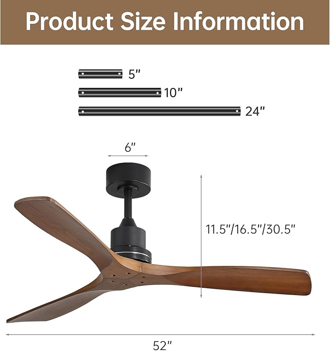 Sofucor 52 inch Ceiling Fan No Light, Solid Wood Indoor/Outdoor Ceiling Fans Without Lights, Remote Control, Reversible DC Motor, 3 Blade Low Profile Ceiling Fans for Patios, Bedroom, Farmhouse