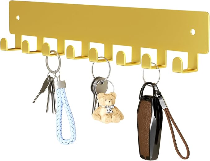pickpiff Gold Key Holder for Wall Adhesive, Key Hooks with 8 Hooks Wall Mounted, Key Hangers No Drill for Living Room, Kitchen, Office