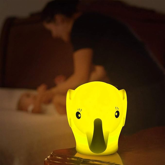 Night Light Kids with Cute Elephant Design Children's Room LED Bedside Lamp with Changeable RGB Colors Rechargeable Night Light Compatible with Touch-Control & Remote Control - Elephant