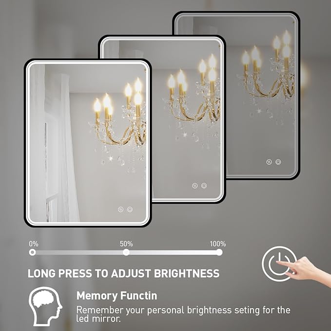 20X28 Inch LED Bathroom Mirror with Lights,Wall Mounted Lighted Mirrors with Non-Rusting Black Metal Frame Anti-Fog Memory Funtion Stepless Dimmable,6000K(Horizontal&Vertical)