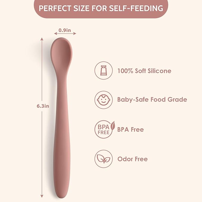 Silicone Baby Feeding Spoons, Training Spoon Self-feeding, First Stage Infant Soft-Tip Easy on Gums, Utensils Supplies, Dishwasher & Boil-proof, 6 Pack