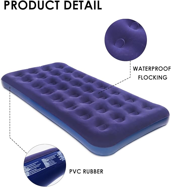 Twin Size Air Mattress for Inflatable - Portable Blue Blow Up Mattresses with Flocked top - Single Foldable Air Bed for Tent Camping Home Travel Backpacking