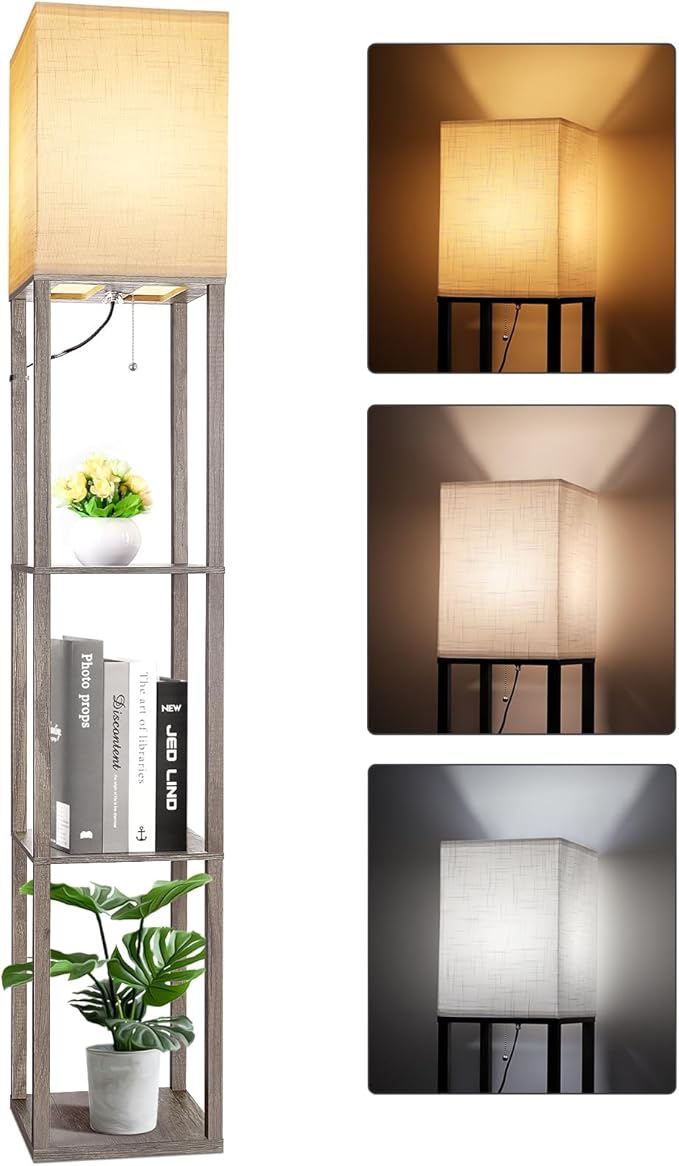 RUNTOP Floor Lamp with Shelves, Shelf Lamp with 3 Color Temperature LED Bulb,Lamps for Living Room, Standing Lamp Modern Tall Standing Light Display Shelf Floor Lamps for Bedroom, Office Home Decor