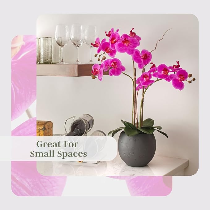 CG Hunter Faux Pink Orchid Plant, Premium Artificial Indoor Flower Display Stands 25-Inches with Beautiful Sculptural Blooms and Foliage That Lasts Forever, Grey Planter Pot Included