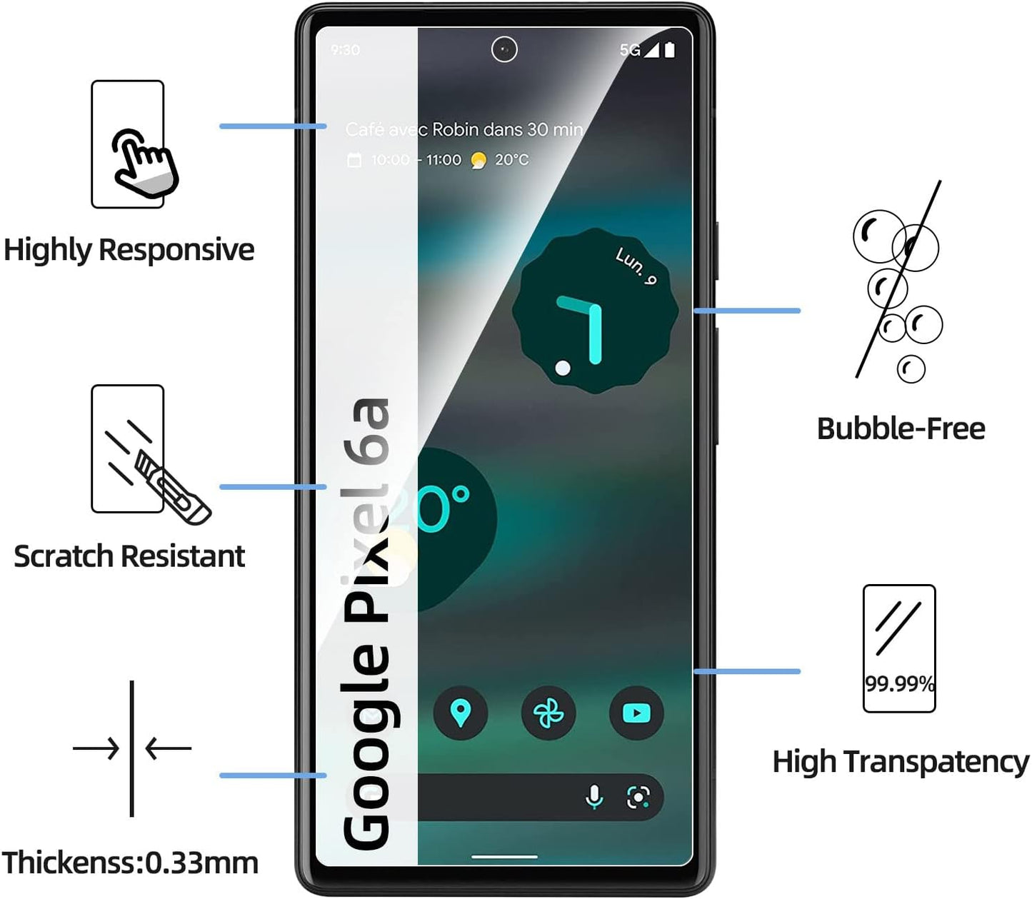 NEW'C Tempered Glass Screen Protector for Google Pixel 6a (6.1") - 3 Pack, Case Friendly, Anti-Scratch, Bubble Free,