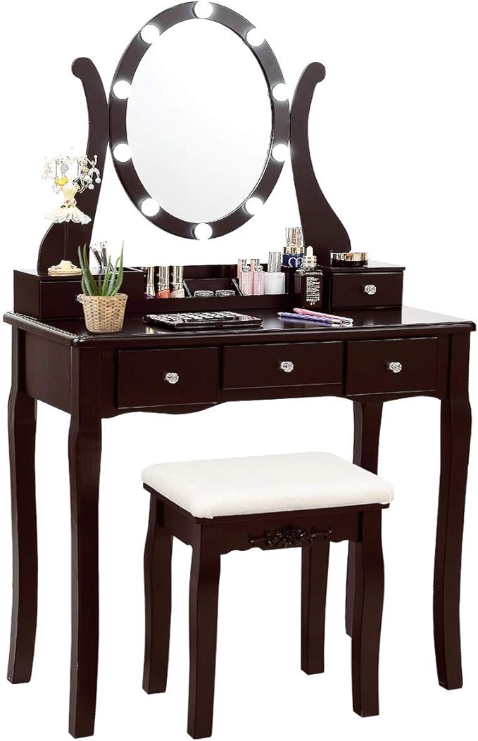 CHARMAID Makeup Vanity Table with Lighted Mirror, Vanity Desk with 10 LED Lights, Adjustable Brightness, 5 Drawers and Removable Storage Organizer, Bedroom Dressing Table with Stool (Espresso)
