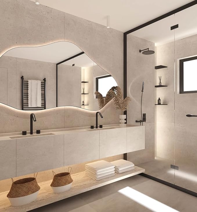 Asymmetrical Bathroom LED Mirror, Modern Irregular Shape Wall Mirror with LED Lights, Frameless Aesthetic Backlit LED Illimunated Vanity Mirror (25" x 13" inc)