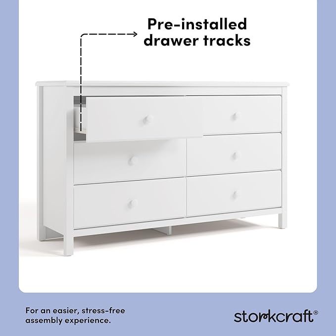 Storkcraft Alpine 6-Drawer Dresser (White) – GREENGUARD Gold Certified, White Dresser for Bedroom, Kids & Nursery Storage Drawers, Safety Interlocking Drawers, Pre-Installed Tracks, Kids Bedroom