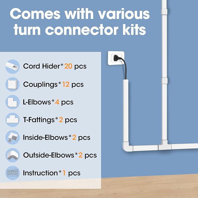 315in Cord Hider Kit, Cord Covers for Wires on Wall, Cord Hider for Wall Mount tv, tv Cable Hider Wall kit, Paintable Cable Raceway, Wire Covers for Cords, 20X L15.7in X W0.59in X H0.4in, White