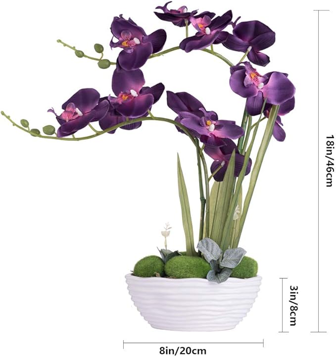 Large Artificial Potted Orchid Plant, Silk Flower Arrangement with Ceramics Vase, Dark Purple