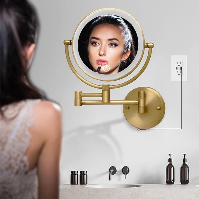 Wall Mounted Makeup Mirror with Lights and 10X Magnification, 8" Rechargeable Double Sided Magnifying Touch Dimmable Extended Arm 360 Rotation, Foldable Vanity Mirror for Bathroom, Antique Brass