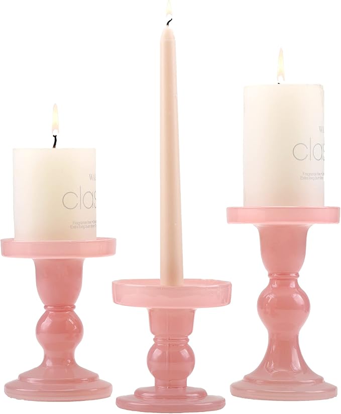 GMWD 3 Pcs Glass Candle Holder Set Clear, Pink Candlesticks Holders Pillar Taper Candles Tealight Stand for Wedding Centerpieces Home Decorations Dining Table