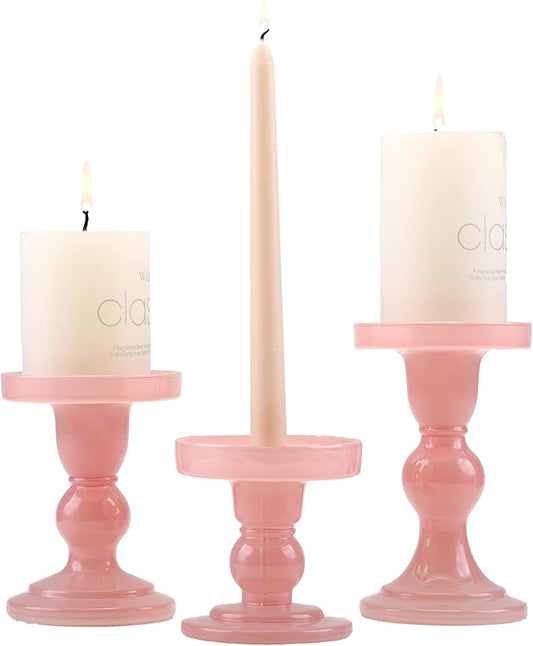 GMWD 3 Pcs Glass Candle Holder Set Clear, Pink Candlesticks Holders Pillar Taper Candles Tealight Stand for Wedding Centerpieces Home Decorations Dining Table