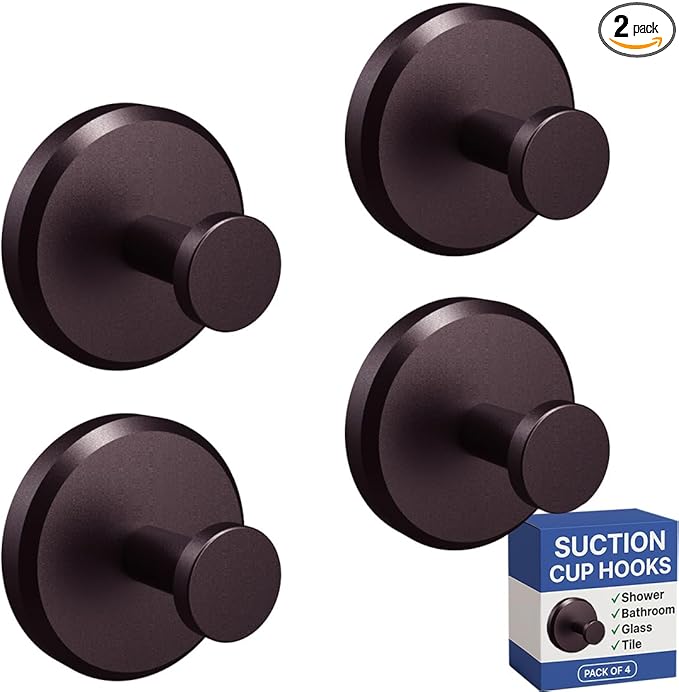 HOME SO Suction Cup Hooks for Shower, Bathroom, Kitchen, Glass Door, Mirror, Tile – Loofah, Towel, Coat, Bath Robe Hook Holder for Hanging up to 15 lbs – Waterproof & Rustproof, Dark Bronze (4-Pack)