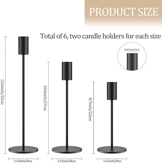Set of 6 Black Taper Candle Holders, Metal Black Candlestick Holders, Tall Candle Holder, Fits 3/4 inch Thick Candle&Led Candles, for Table Centerpiece, Wedding, Dinning, Party Home Decor