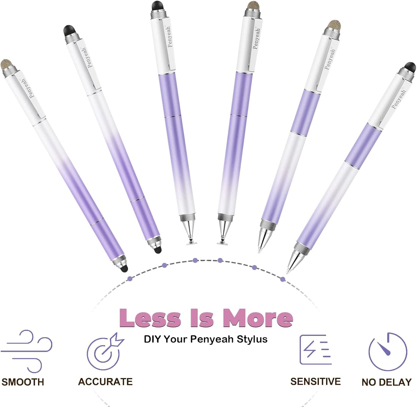 Penyeah Stylus Pen - 4 in 1 Universal Touch Screen Disc Tip/Mesh & Rubber Tip for iPad/iPhone/Android - Dream Purple