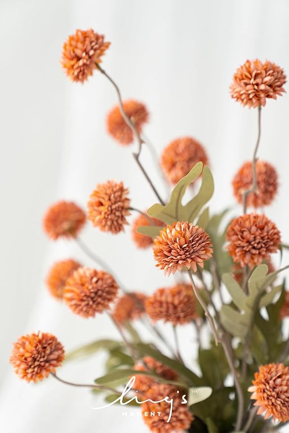 Ling's Moment Pompon Mum Artificial Flower, 5pcs Faux Silk Mini Chrysanth with Stems, Bulk Fake Wedding Filler Flowers for DIY Bouquet Centerpieces Arrangements Shower Decorations, Burnt Orange