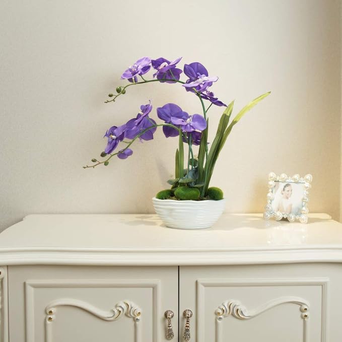 Large Artificial Potted Orchid Plant, Silk Flower Arrangement with Ceramics Vase, Purple