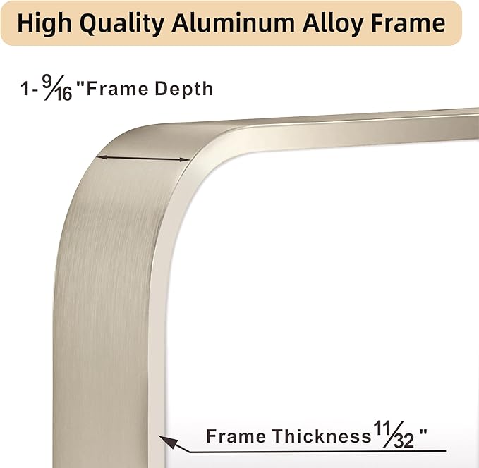 24"x36" Brushed Nickel Bathroom Vanity Mirror for Over Sink, Rounded Rectangle Silver Metal Frame Mirror for Wall, Living Room, Entryway, Vertical or Horizontal