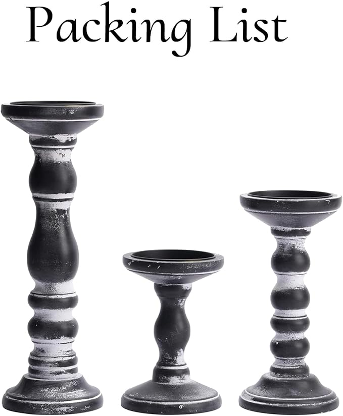 Wood Pillar Candle Holder: 3Pcs Rustic Candle Holders for Pillar Candles Wood Candle Holders Distressed Wooden Farmhouse Large Candle Holder for Fireplace Table (Black, 6", 8", 12")