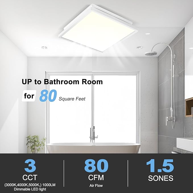 Tech Drive Bathroom Exhaust Fan with Light, 80 CFM, Super Quiet 1.5 Sone Bathroom Fan with Light, 1000lm Dimmable 3CCT LED Light 3000K/4000K/5000K Selectable, Energy Star Ventilation Fan, White