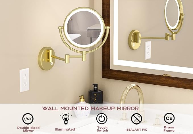 Lighted Makeup Mirror Wall Mounted Gold, Double Sided 1/5X Magnifying Mirror Wall Mount with Light, 360 Swivel Cosmetic Mirror for Bathroom, Brass Brushed Gold, Hardwired