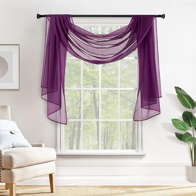 MIULEE Luxury Window Scarves for Party Ceremony Wedding Canopy Bed, Topper Window Treatment Swag Curtain Drapes, Sheer Curtain Scarf Valance for Window One Panel, 54 x 144 Inches Long, Plum Purple