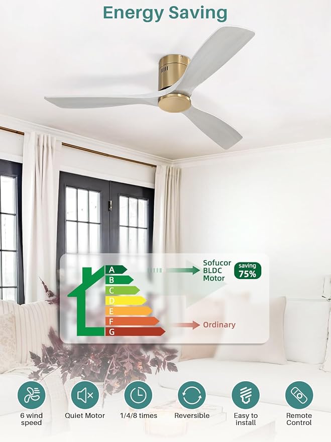 Sofucor 52 Inch Smart Ceiling Fan Without Lights Flush Mount Solid Wood Ceiling Fan with Alexa/Google Assistant/APP/Remote Control-Modern Outdoor Ceiling Fans No Light for Bedroom/Patio, Grey Gold