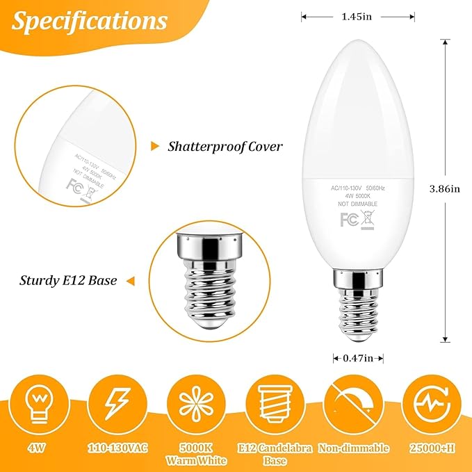 Brightever E12 LED Candelabra Light Bulbs 40W Equivalent, 4W Warm White 2700K Ceiling Fan Bulbs, Chandelier Candle Lights for Wall Lanterns, Pendant Lights, Non-Dimmable, Pack of 12