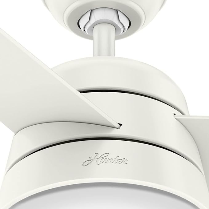Hunter 36 inch Small Indoor Ceiling Fan with LED Light and Pull Chain - Modern Ceiling Fan, Standard Mount, 3 Blades, For Bedroom, Home Office, or Laundry Room, Quiet - Aker 59301, Fresh White