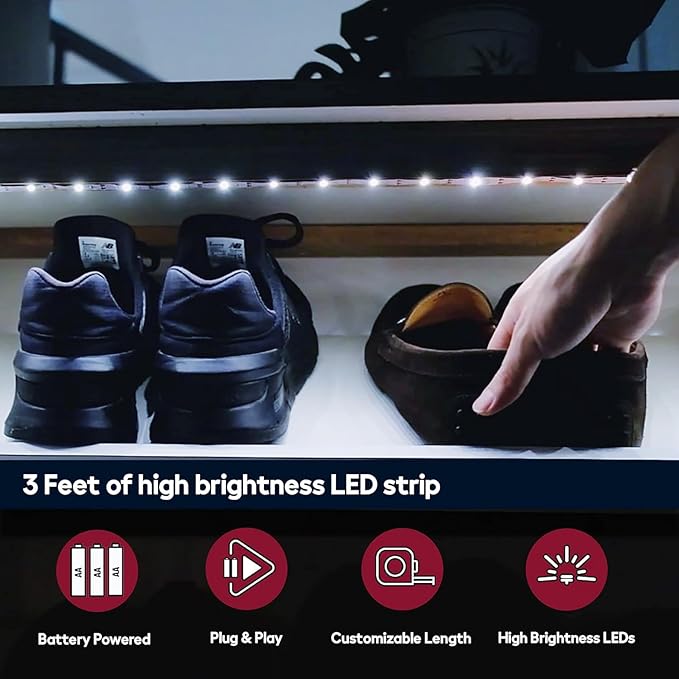 Battery Powered LED Strip Lights, 3 Pack 40 Inch Cordless White LED Light Strips for Shelves and Under Cabinet Indoor Use, Battery Operated LED Strip Lights, Cool White 6500K