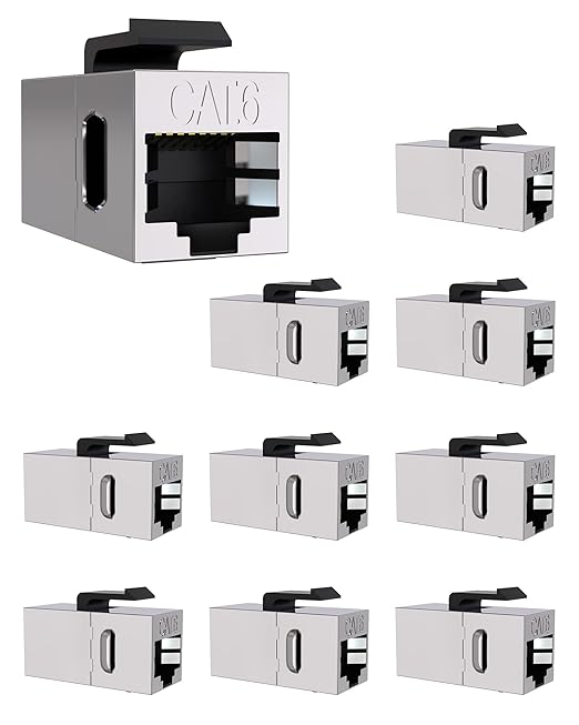 10 Pack Cat 6 Shielded Keystone Coupler, Cat6 Keystone Jacks Female to Female RJ45 Coupler, Ethernet Wall Plate Inline Keystone Coupler for Cat6, Cat5e, Cat5 Silver