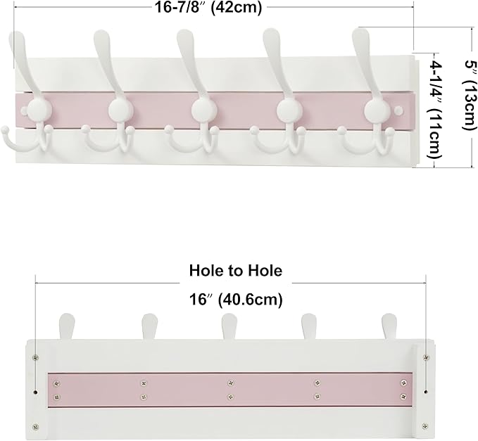 SKOLOO Coastal Wall Mounted Coat Rack - 17" Beach House Entryway Wooden Coat Hook with 5 Hooks for Hanging Coats, Hats or Towels, Oceanfront Cottage Core Collection, White & Palm Beach Pink