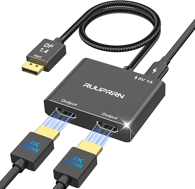 4K@60Hz DisplayPort to Dual HDMI Adapter, DP 1.4 Source to HDMI 2.0 Splitter for Dual Monitors, Display Port to HDMI Splitter 1 in 2 Out Extended Display, for PC,NVIDIA, AMD Graphic Card
