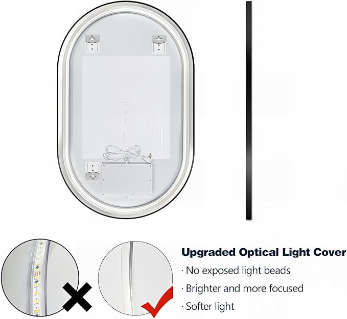 Niccy Oval LED Mirror for Bathroom, 48x30 Front Lit + Backlit Vanity Mirrors with Light Anti-Fog, Shatter-Proof, 3 Colors, Makeup Mirror with Black Frame (Horizontal/Vertical)