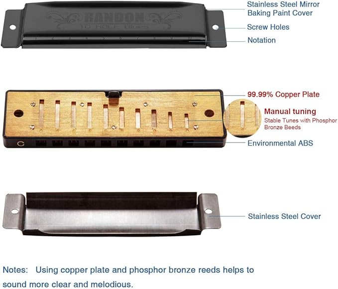 Randon Black Harmonica Key of C, 10 Holes Diatonic Harmonicas for Adults/Kids/Beginners, Blues Harmonica as Gift, with Case, Clean Cloth and Manual