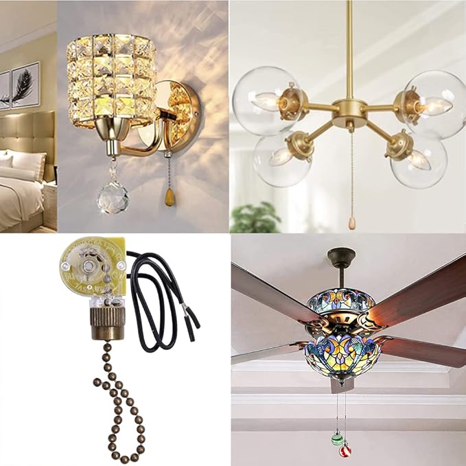 Ceiling Fan Light Switch Zing Ear ZE-109 Two-Wire With Pull Cords for Fans, Lamps and Wall Lights - Pull Chain Control Replacement On-Off, 2 Pcs Bronze