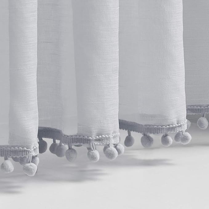 Treatmentex Pom-Pom Grey Sheer Curtains for Canopy in Girls Bedroom 84inches Long Linen Textured Sheer Drapes for Windows 2 pc