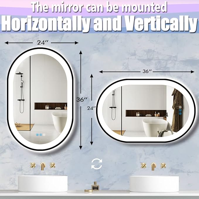 36 x 24 Inch Black Oval LED Mirror for Bathroom Salon Wall Horizontal/Vertical Mounted 36 Inch Black Frame Oval Lighted Mirror with Lights Smart Memory 3 Color Dimmable Front Lights Antifog